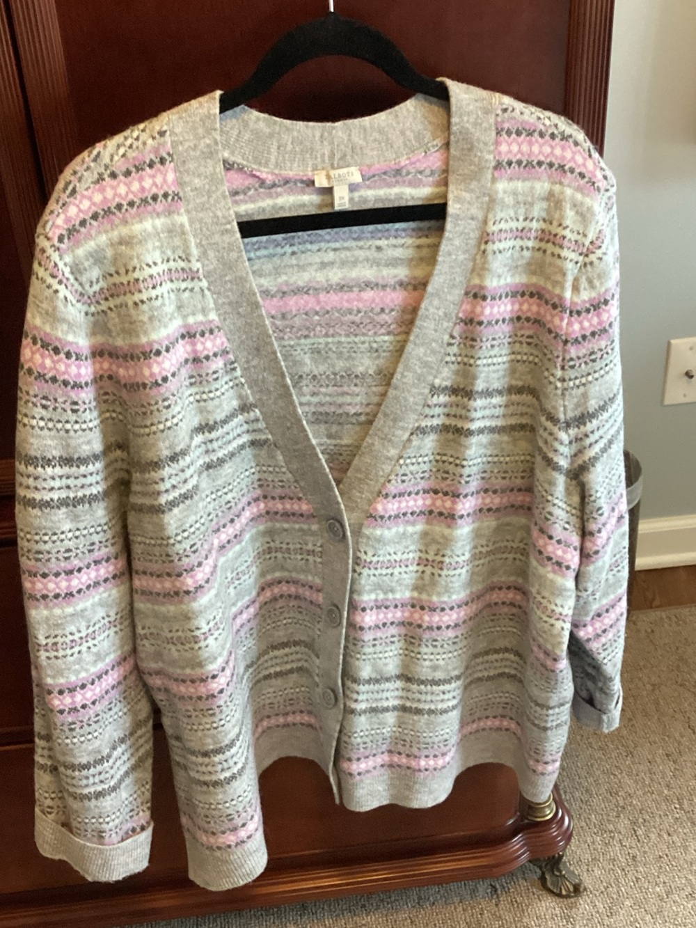 Talbots Gray and Pink Striped Open-Knit Button Cardigan